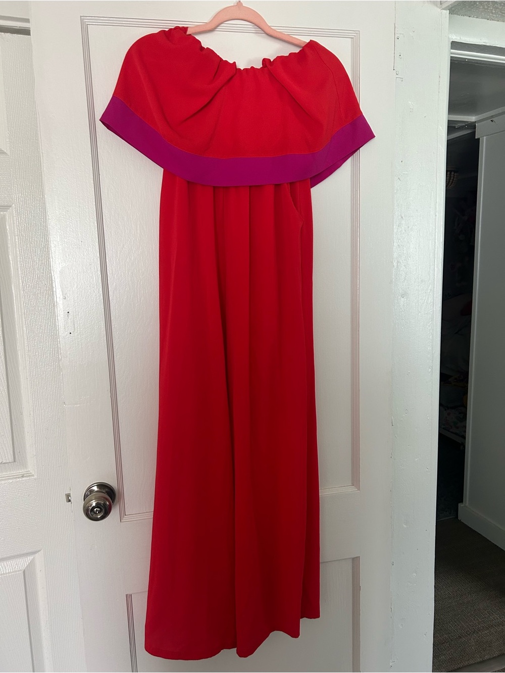 Boutique Large Women’s Off-Shoulder Red Wide Leg Jumpsuit with Purple Trim